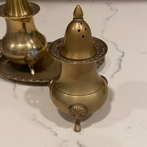 Vintage Brass Salt & Pepper Shakers w Tray | Blue Inserts